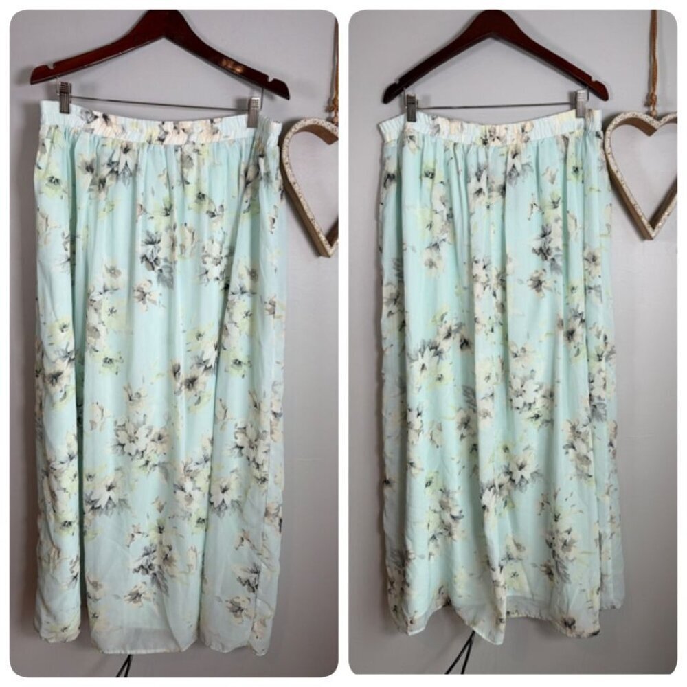 Mint Green Floral Midi Skirt Elastic Waist Lightweight Cottagecore Romantic XL - Picture 2 of 10
